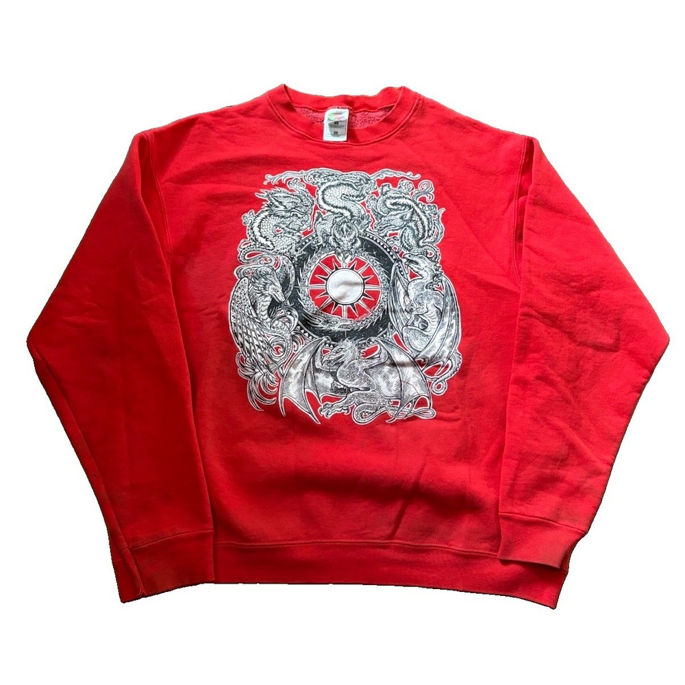 Vintage 90s Dragon Graphic Crewneck Sweater RED Black Made in USA XL Y2K Goth